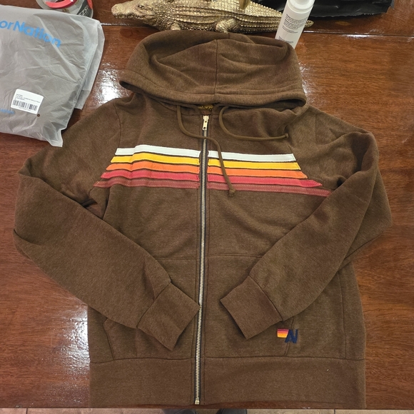 NWT- 5 STRIPE HOODIE - CHOCOLATE // RAINBOW WHITE- Sz S - Picture 3 of 5